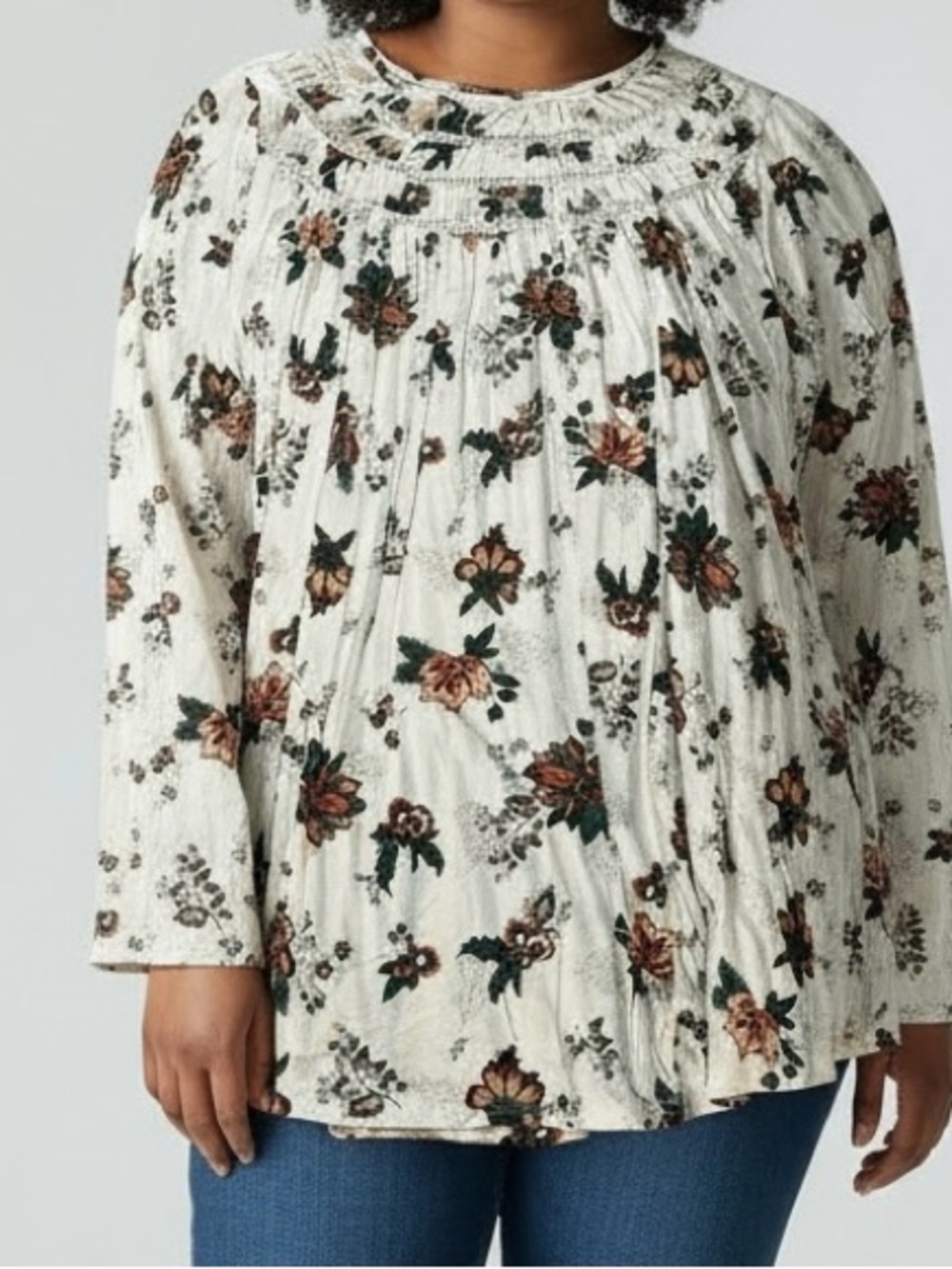 Lane Bryant Cream Floral Smocked-Yoke Boho Blouse